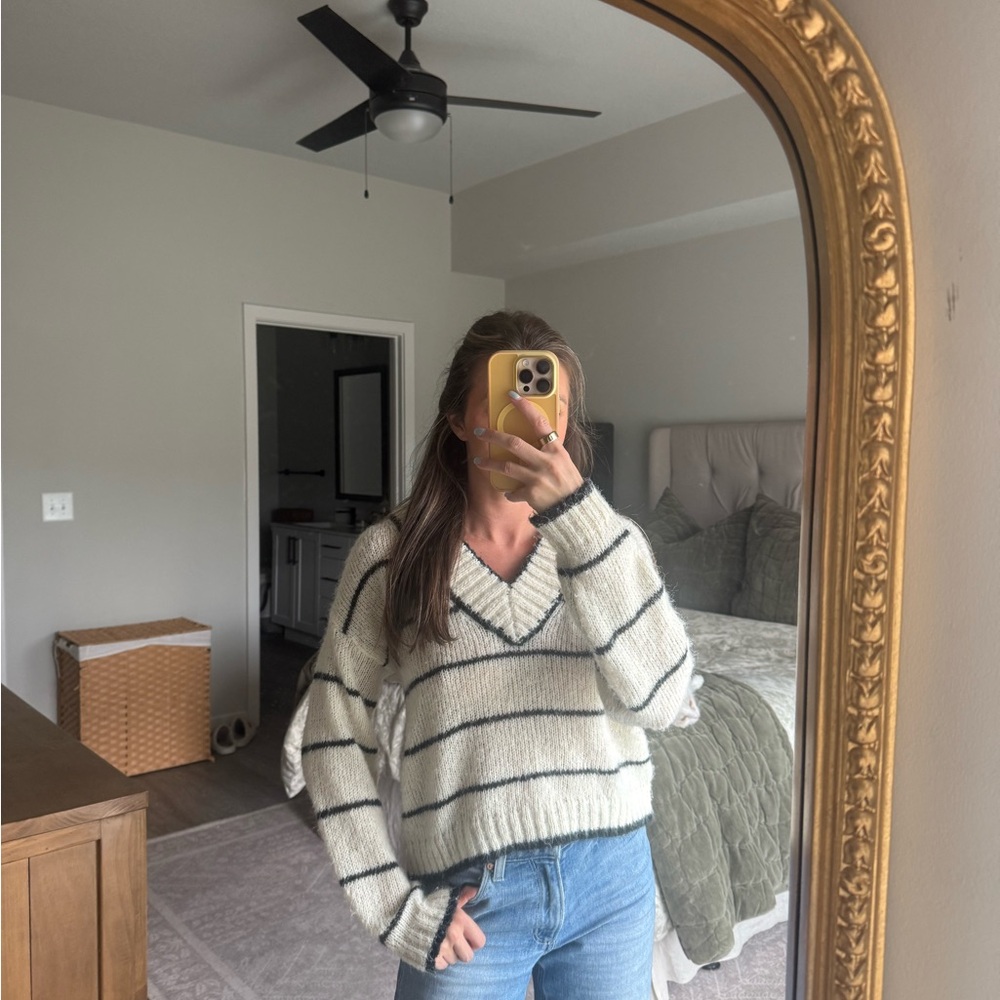 Target Cream V-Neck Sweater with Dark Gray Stripes - Women's